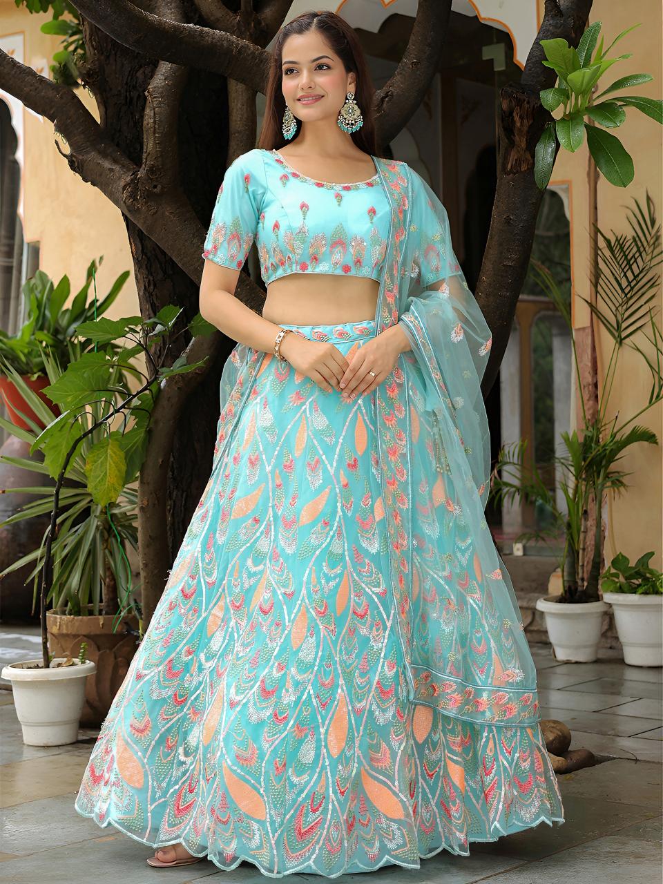 Zeel Clothing Soft Net Sky Blue Bridal Lehengha choli wholesale suppliers