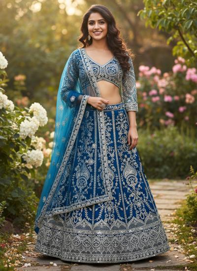 Blue Butterfly Net Zari Work Wedding Wear manufacturer of lehenga choli in surat