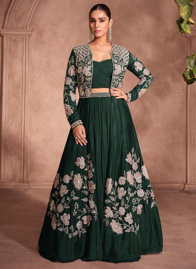 Bottle Green Chinnon Silk Emroidery Work Wedding Wear Indian traditional Lehengha choli Sura