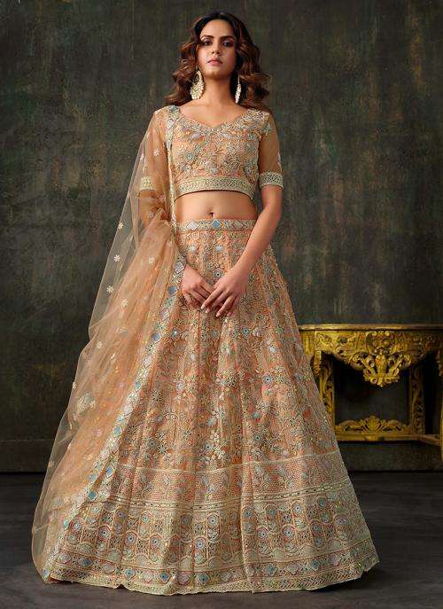 Burnt Peach Heavy Net Zari Embroidery Work Party Bulk lehenga choli supplier