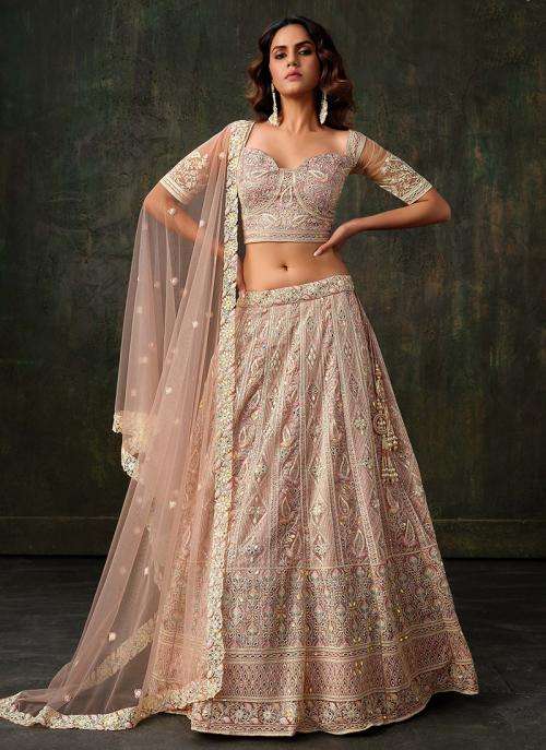 Dusty Rose Pink Heavy Net Thread Embroidery Work Designer lehenga choli wholesale