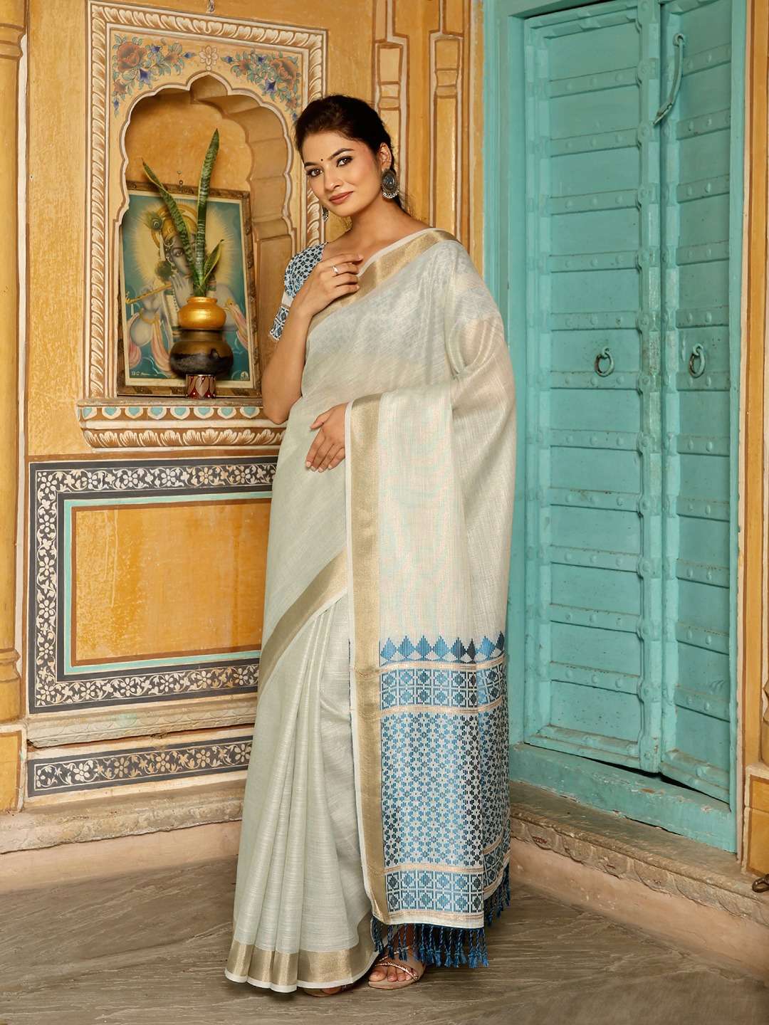 HENOI THREADS by Astita fancy designer linen  fabric saree with threads work wholesale with latkan 