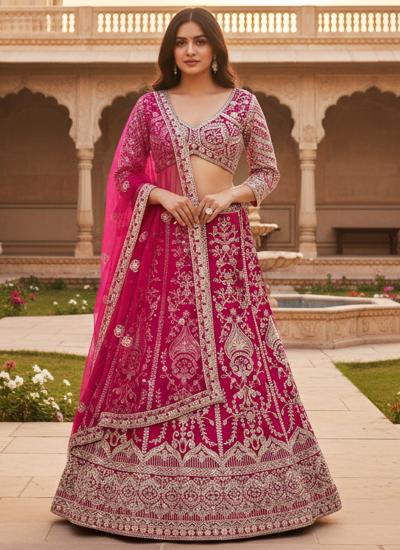 Hot Pink Butterfly Net Zari Work Wedding Wear surat lehenga choli online
