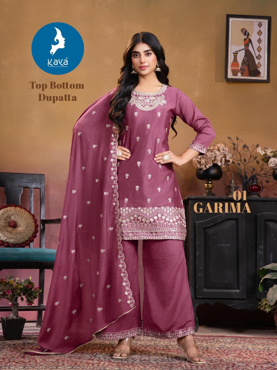 Kaya garima straight 3 pcs textile catalog wholesale crepe kurtis supplier in surat