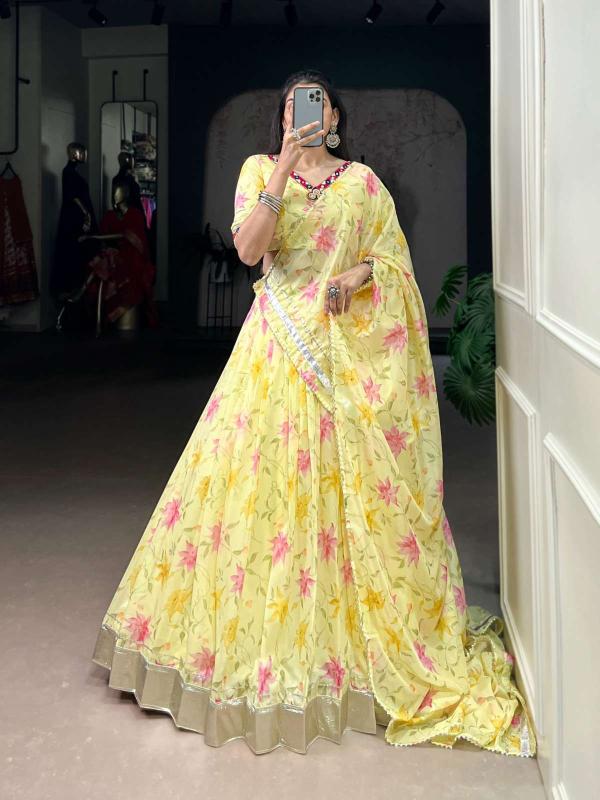 lnb 1716 floral tabby silk YLW Bulk lehenga saree market in Kolkata