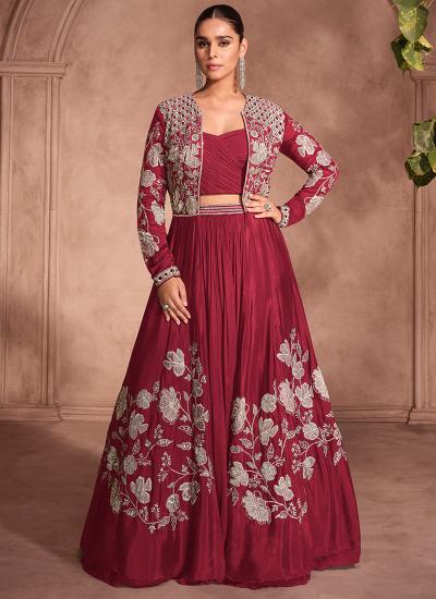 Maroon Chinnon Silk Emroidery Work Wedding Wear Surat wholesale Lehengha choli market