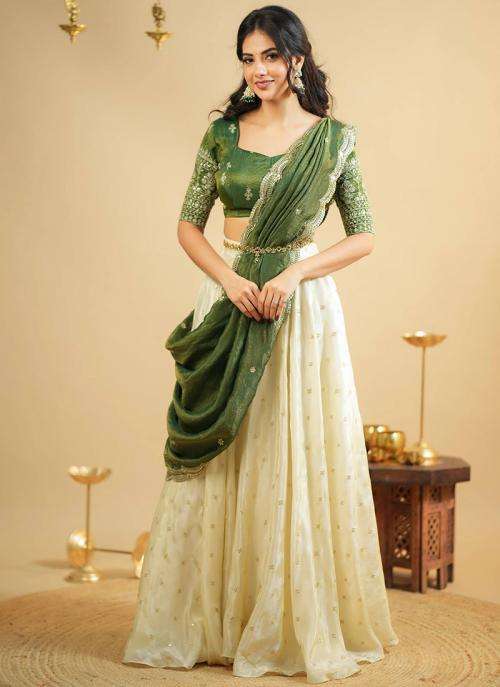 Olive Green Crepe Silk Zari Work Festival Wear Indian bridal lehenga choli wholesale