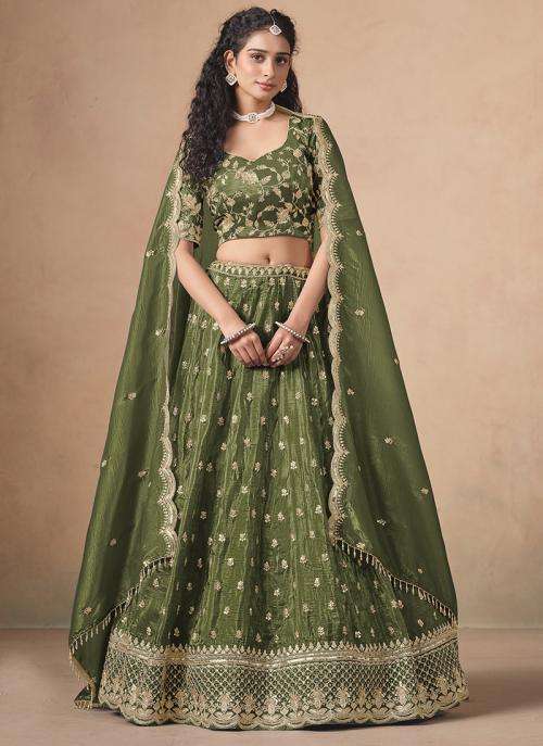 Olive Green Organza Sequin Work Wedding Wear Lehenga choli wholesale prices