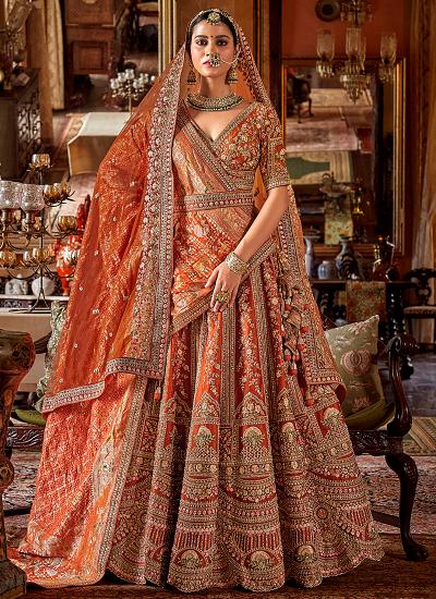Orange Tone Silk Sequin Work Wedding Wear Wholesale lehenga choli online