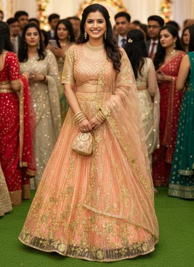 Peach Butterfly Net Zari Work Wedding Wear lehenga choli in surat with price