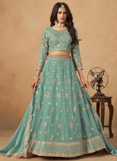 Rama Green Organza Sequin Work Wedding Wear Affordable Lehenga choli in Ahmedabad