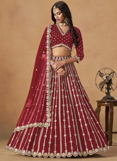 Red Art Silk Thread Work Wedding Wear Surat Lehengha choli with heavy work