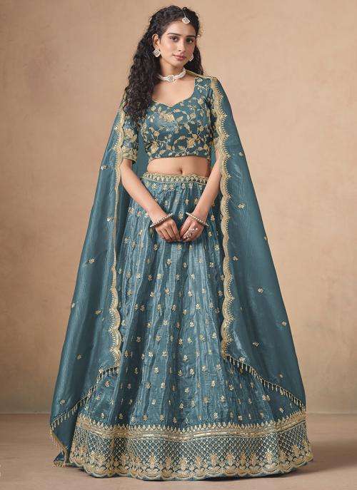 Teal Blue Organza Sequin Work Wedding Wear Best lehenga choli wholesale in Mumbai