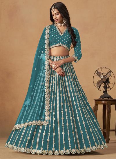 Turquoise Blue Art Silk Thread Work Wedding Wear Online Lehengha choli wholesale Surat