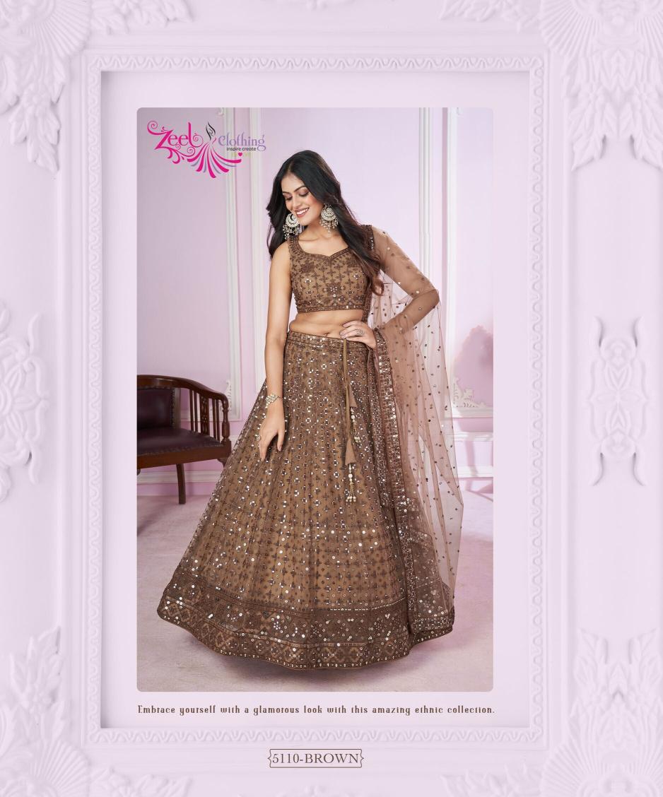 Vamika Soft net Brown Latest lehenga designs in Ahmedabad