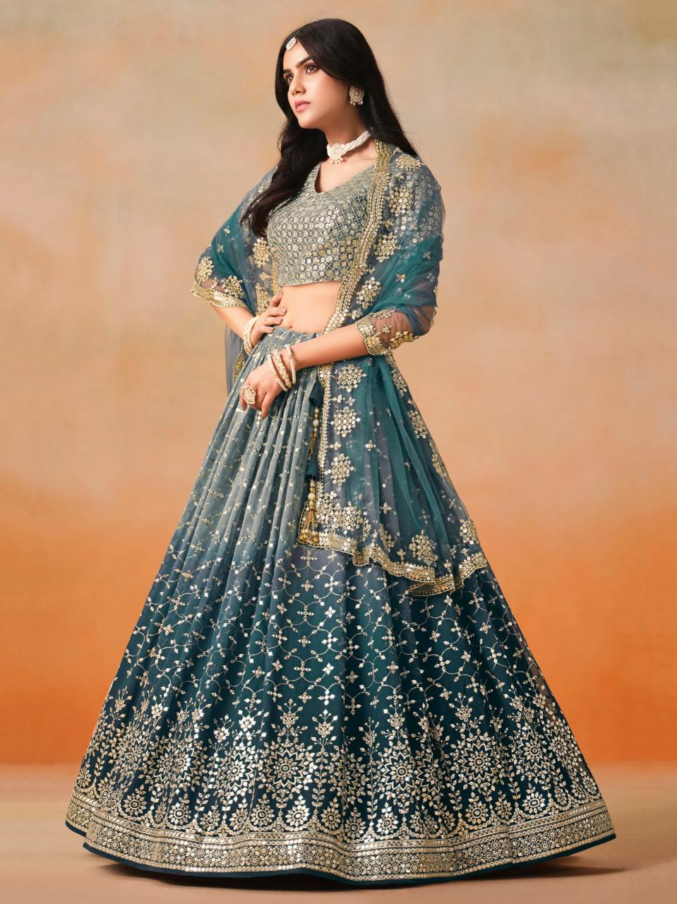 Elegance Georgette Dove Blue Surat wholesale Lehengha choli market