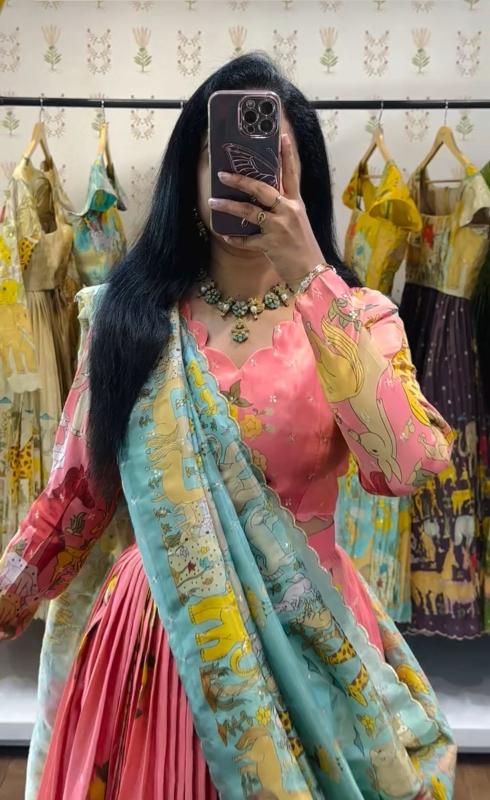 Kalamkari Cotton Blue Vibrant color lehenga choli for women