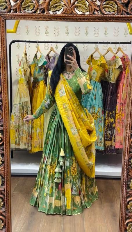 Kalamkari Cotton Yellow Indo-western lehenga choli for ladies