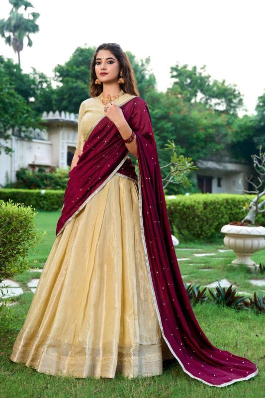 kesariya kanchipuram Cream Wholesale Lehenga market