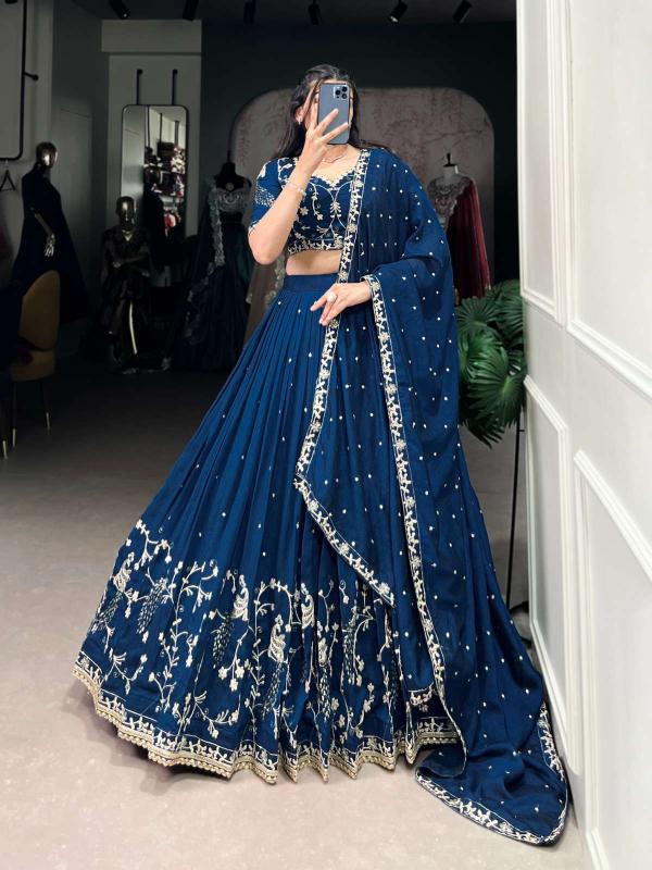 lnb 1404 thread embroidered vichitra silk Blue Lehenga choli for mehendi Mumbai