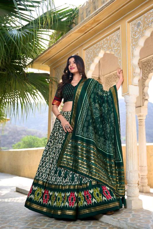 pranauthi ikkat tusser silk Green Wholesale Lehengha choli suppliers