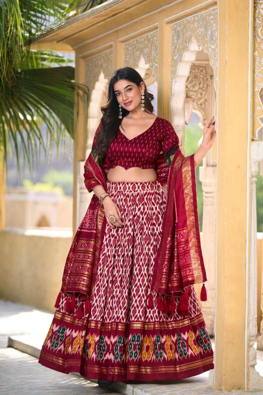 pranauthi ikkat tusser silk Maroon Designer Lehengha choli online