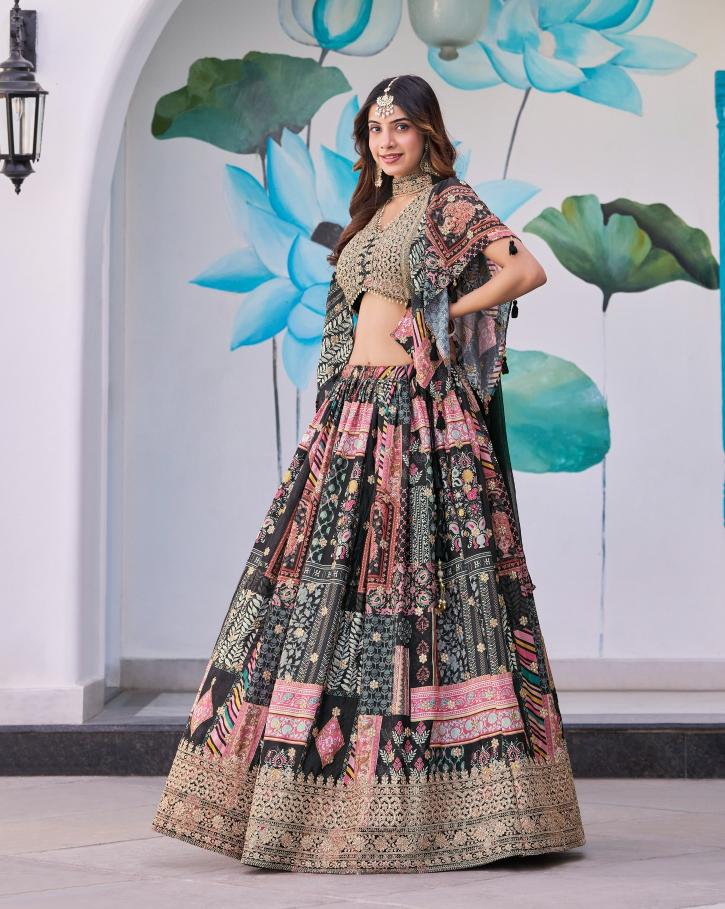 Queen Chinon Silk Black Wholesale lehenga suppliers in India