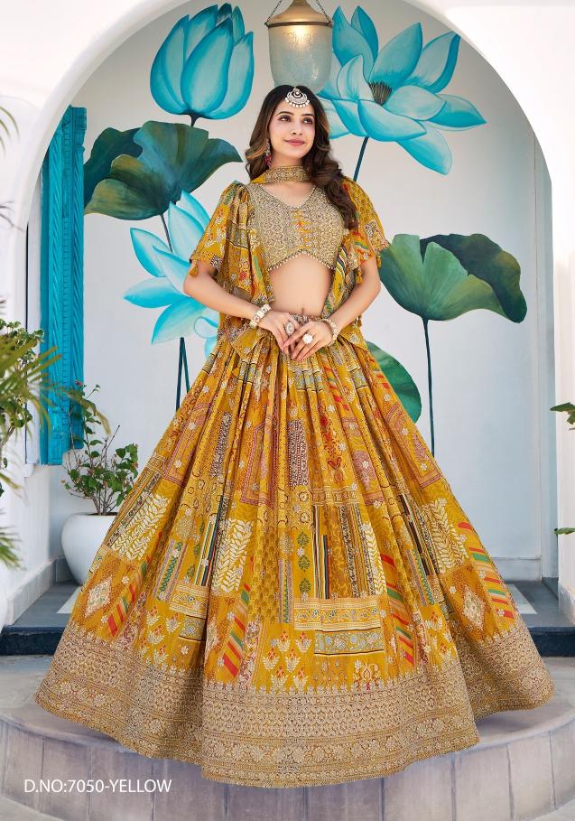Queen Chinon Silk Yellow Designer lehenga choli wholesale market