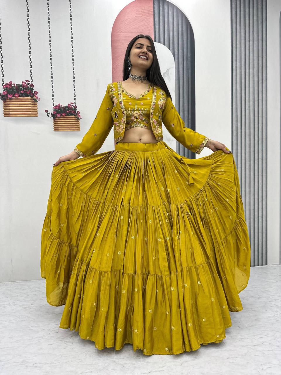 Big Flair 9 Pc-538 Chinon Yellow Retail lehengha choli suppliers in Mumbai