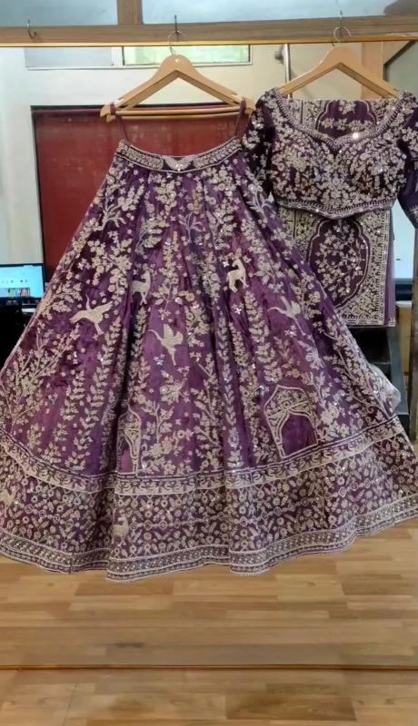 BRIDAL WEAR HEAVY EMBROIDERY CHINE MT-1057 Silk Net Purple Bridal lehenga choli showroom in Ahmedabad