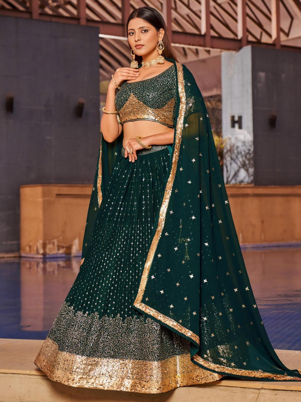 Golden Palm -08 Georgette Green Handmade Lehengha choli supplier