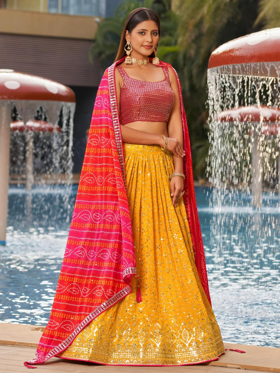 Golden Palm -08 Georgette Yellow Silk Lehengha choli wholesaler