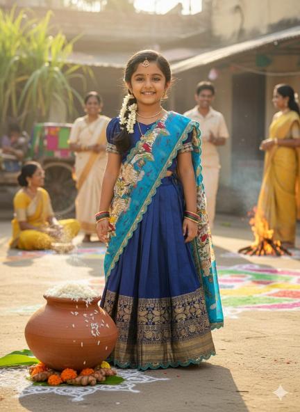 Kalamkari Kids Half Saree Viscose Silk Blue Lehenga choli manufacturers in Surat