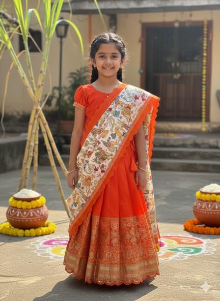 Kalamkari Kids Half Saree Viscose Silk Orange Surat lehenga wholesale dealers