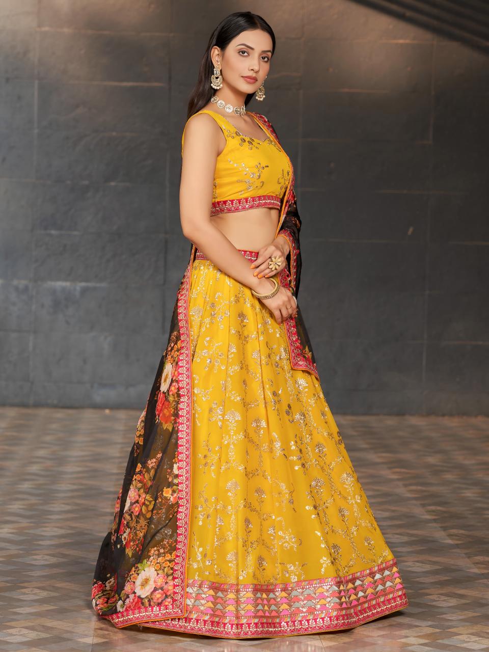 Mustard Yellow Floral Embroidered Georgette Designer bridal lehenga
