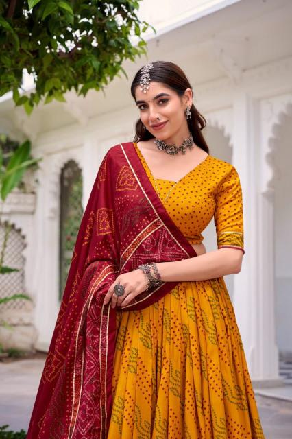 N BANDHANI Tussar Silk Yellow Lehenga choli discount offers