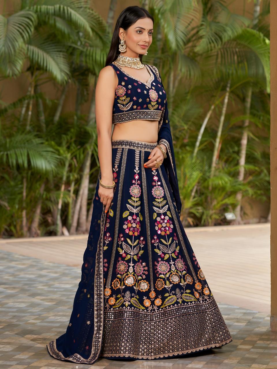 Navy Blue Floral Embroidered Georgette lehenga choli wholesaler