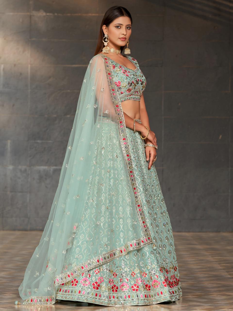 Sky Blue Floral Embroidered Georgette Wholesale Lehenga Supplier