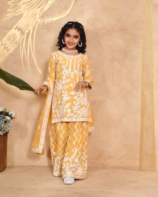 DESIGNER WEAR TOP WITH SHARARA Georgette Yellow Kids wear suppliers in Surat