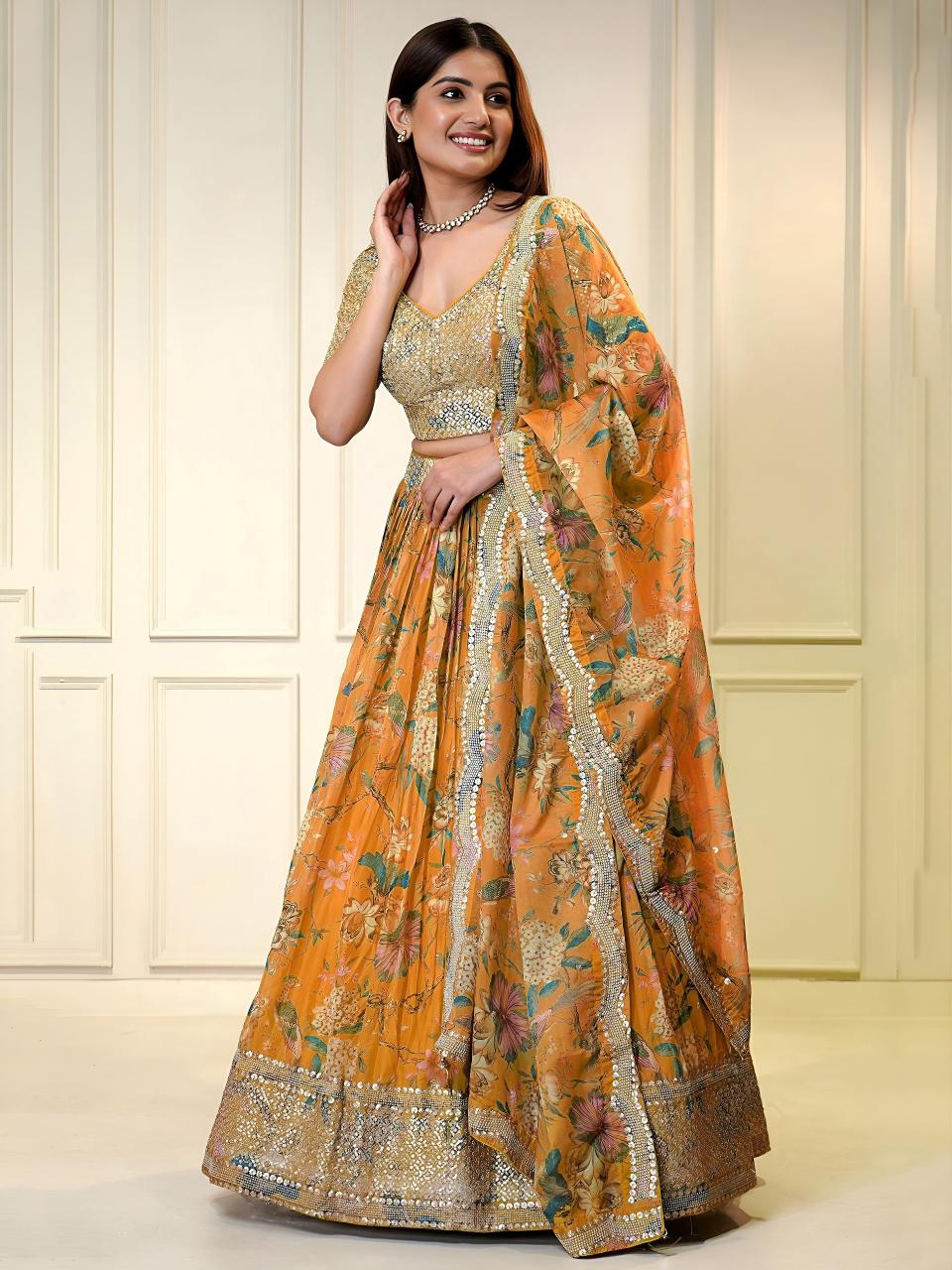 FLORAL SHIMMER Organza Orange Latest lehenga choli designs