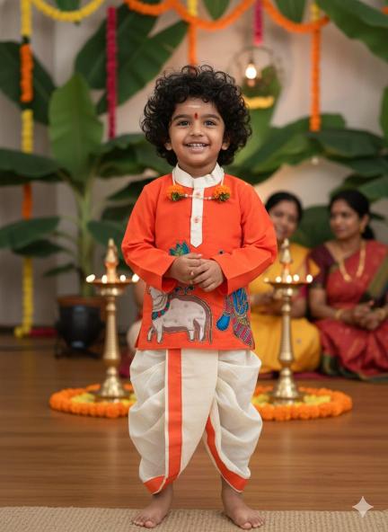 Kalamkari Boys Cotton Orange Traditional kids clothing in Bangalore