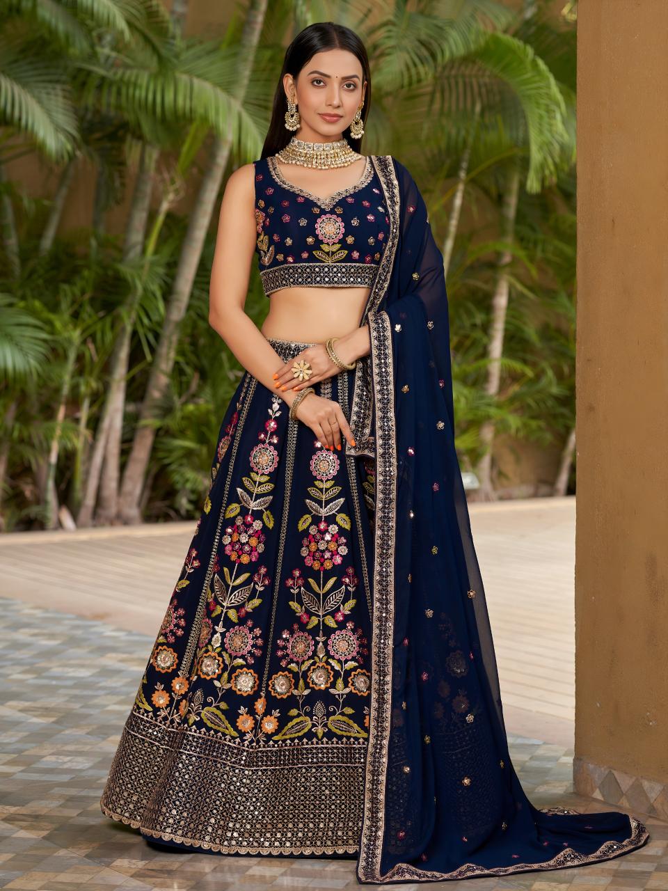 Olive Embroidered Georgette Blue Festive lehenga choli in Bangalore
