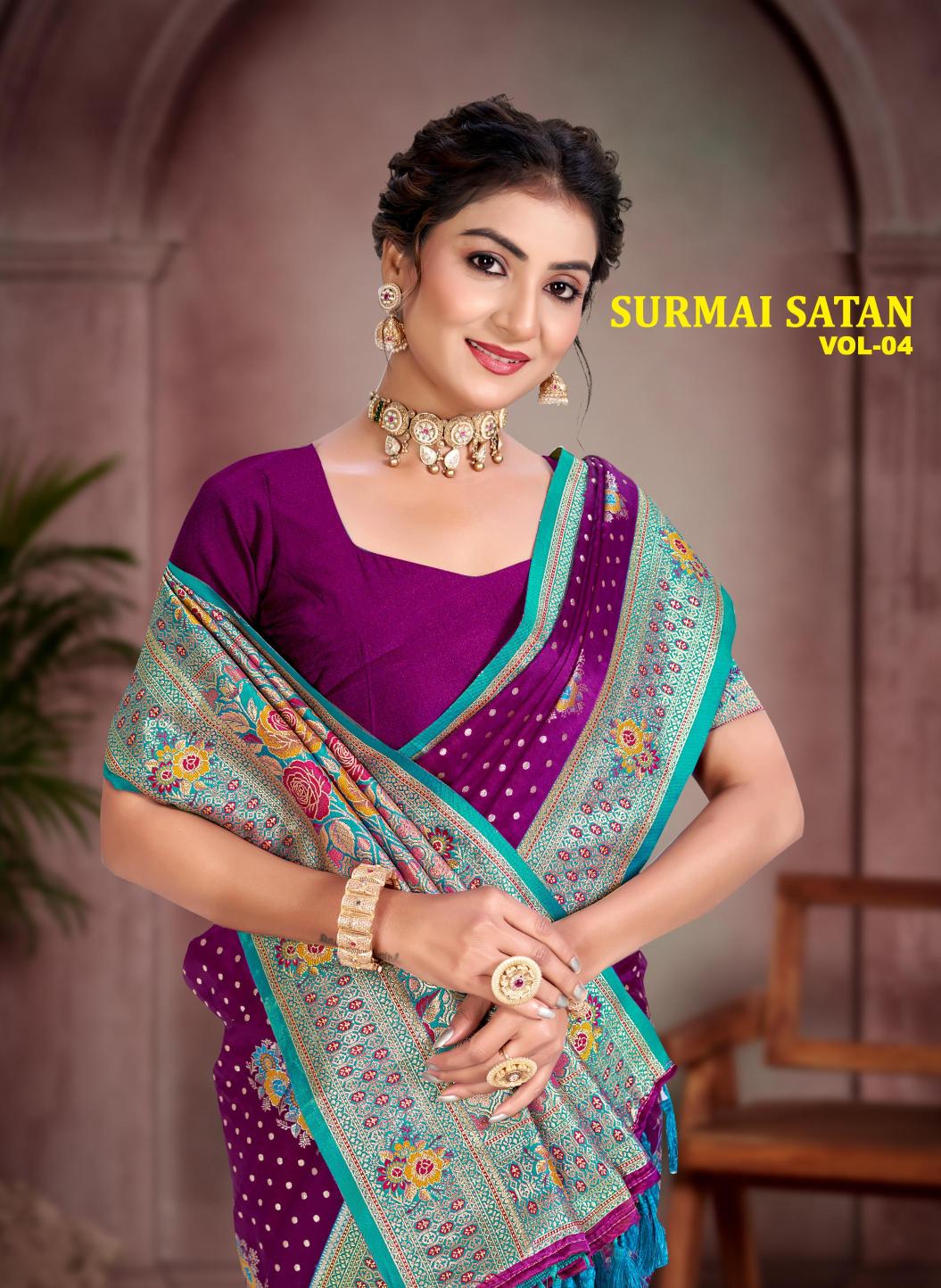 Bunawat - Surmai Satan 04 Sangam Prints Satin Silk Woven Work Traditional Saree