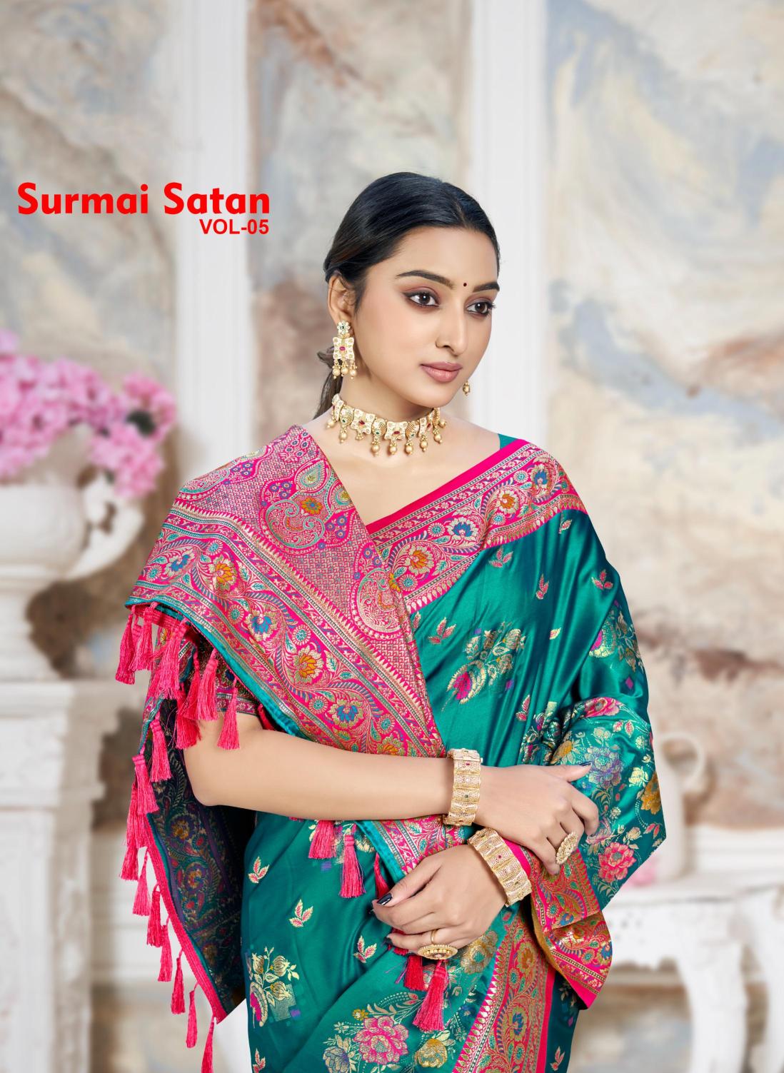 Bunawat - Surmai Satan 05 Sangam Prints Satin Silk Woven Work Traditional Saree