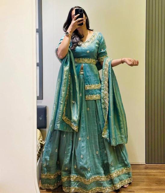 PC 552 Chinon Silk Teal blue Lehenga choli with dupatta wholesale market in Delhi