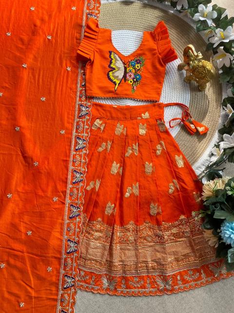 Butterfly Buff Lehengha-Choli Dupatta Vichitra Silk Orange Kids clothing wholesale market