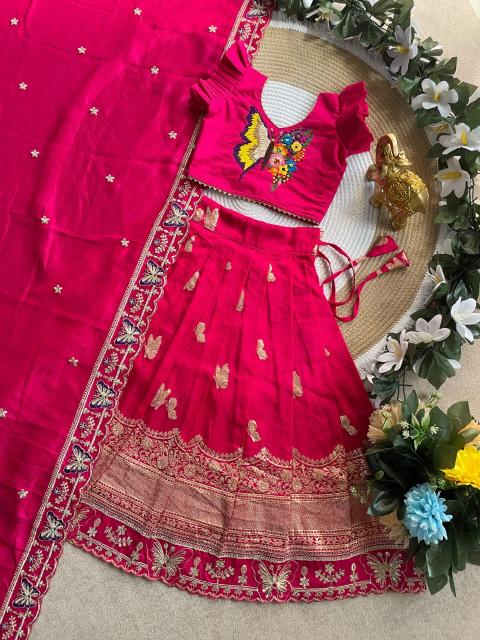Butterfly Buff Lehengha-Choli Dupatta Vichitra Silk Pink Children wear manufacturer in Kolkata