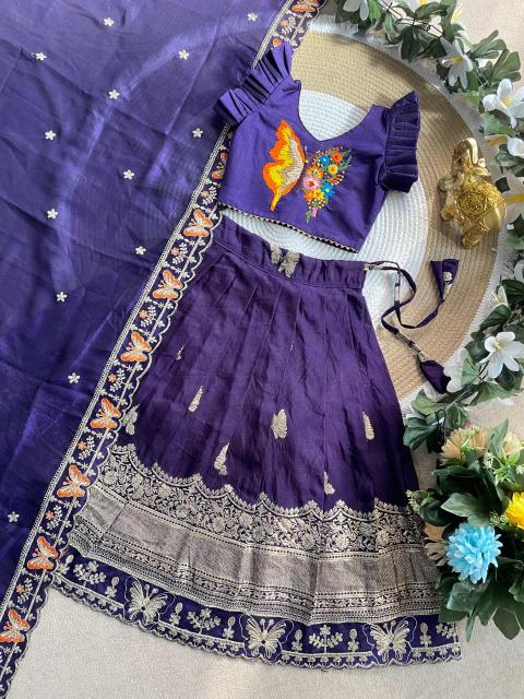 Butterfly Buff Lehengha-Choli Dupatta Vichitra Silk Purple Cheap kids wear supplier in Kolkata