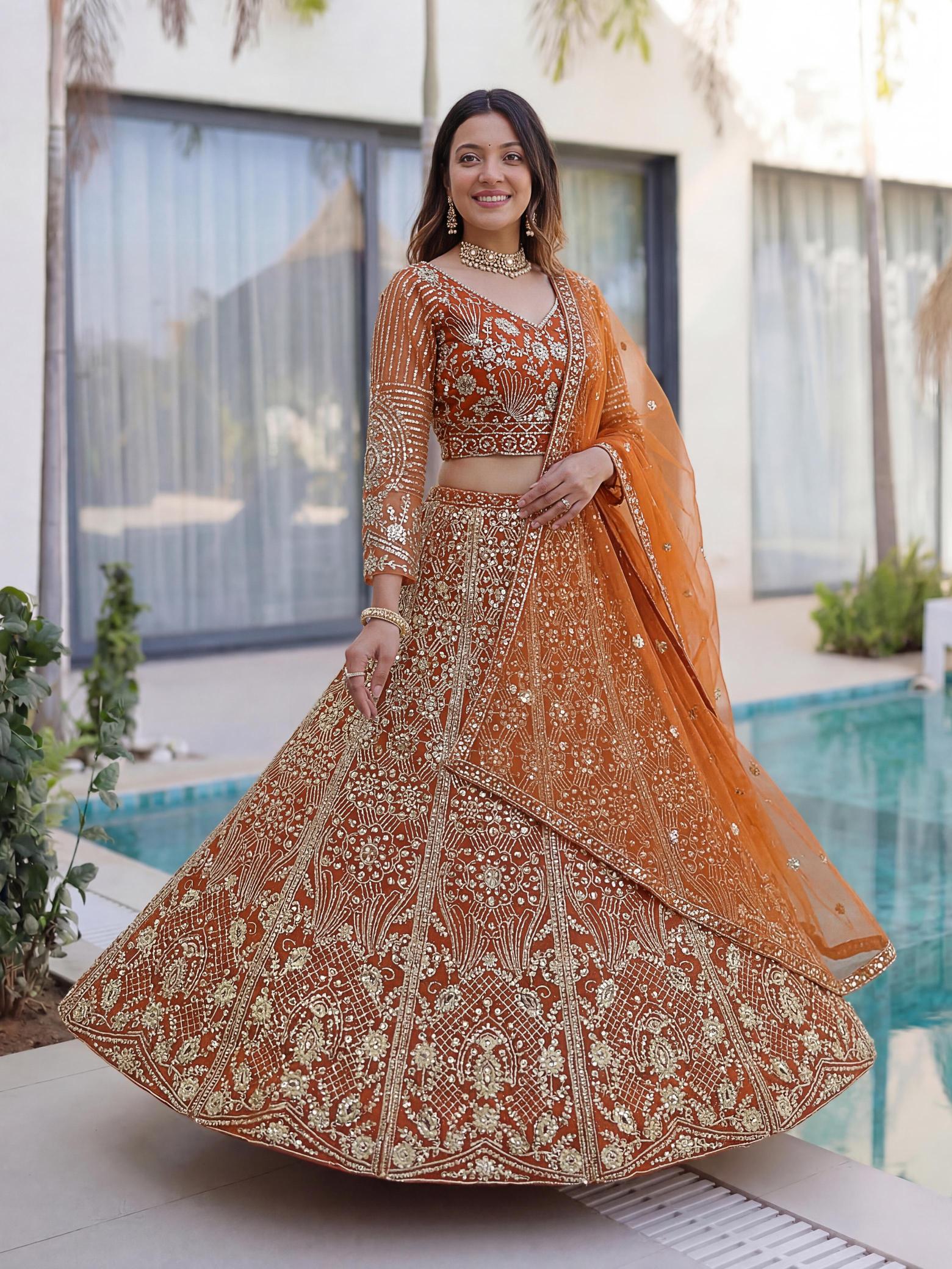  ON5171 Butterfly Net Orange Lehengha choli wholesale dealers in hydrabad
