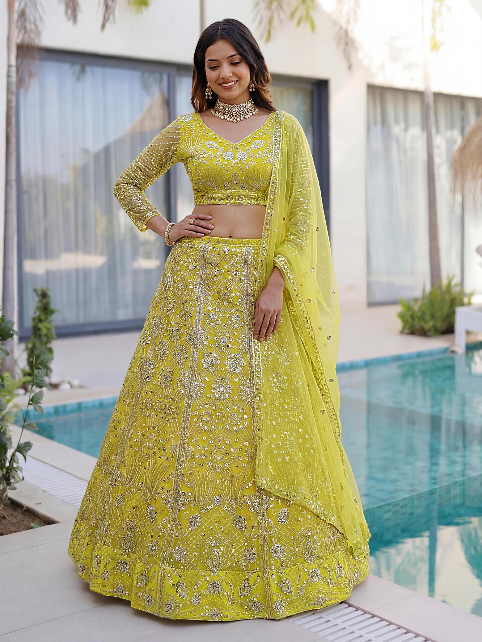  ON5171 Butterfly Net Yellow Designer Lehengha choli wholesale in hydrabad